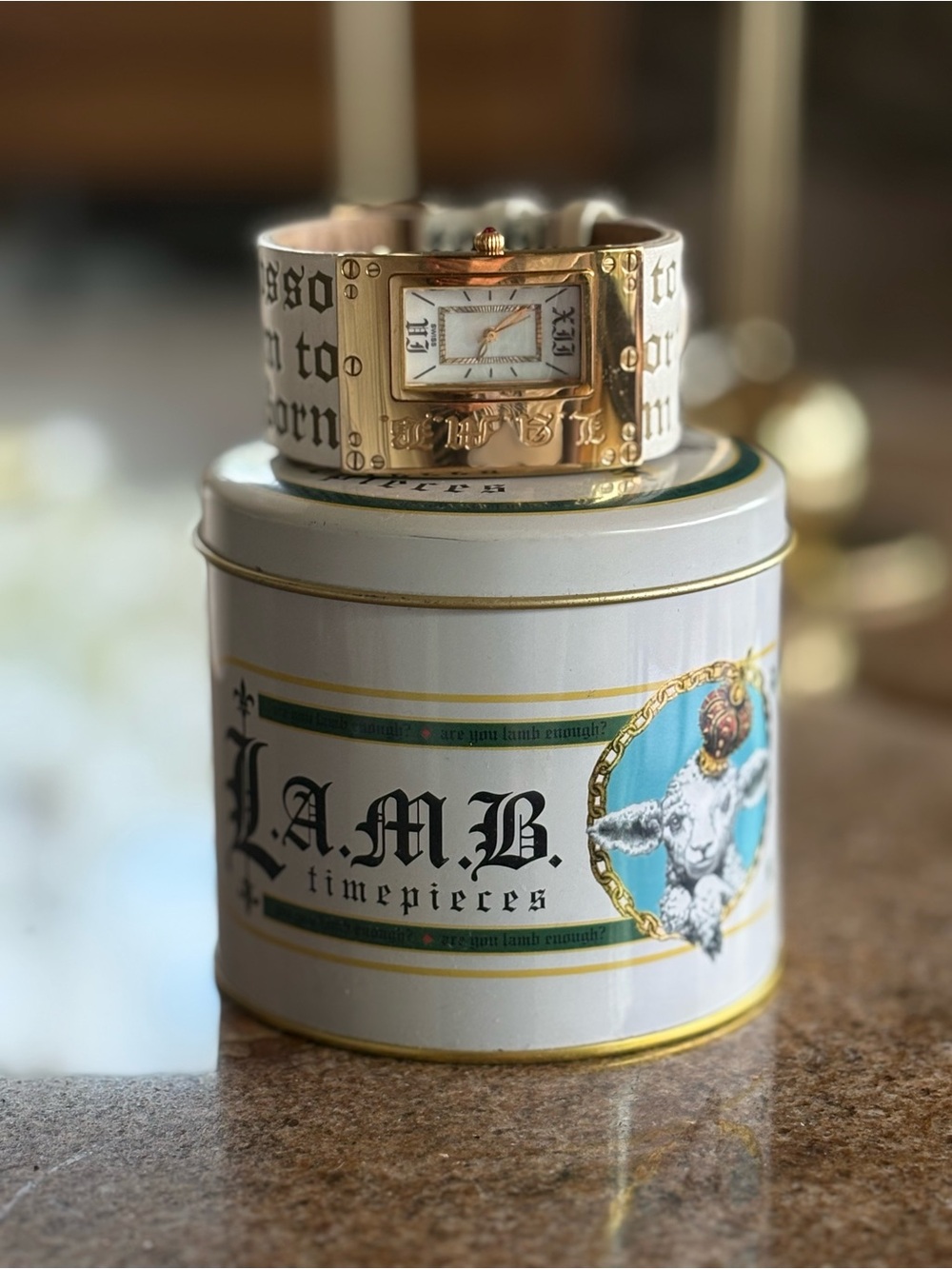 L.A.M.B. Gold and Cream Cuff Watch with Script Band